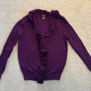 Ann Taylor Women's Purple Knit Ruffle V-Neck Hook & Eye Cardigan Sweater Size SM